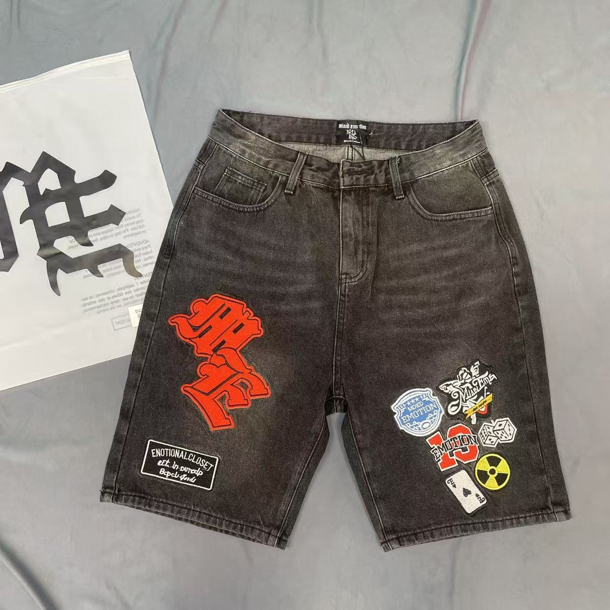 Charcoal Gray Red Gothic Collage Denim Shorts — context